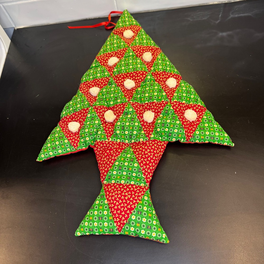 Handmade Christmas Tree Wall Hanging Large Red Green Patchwork Pom Pom Vintage